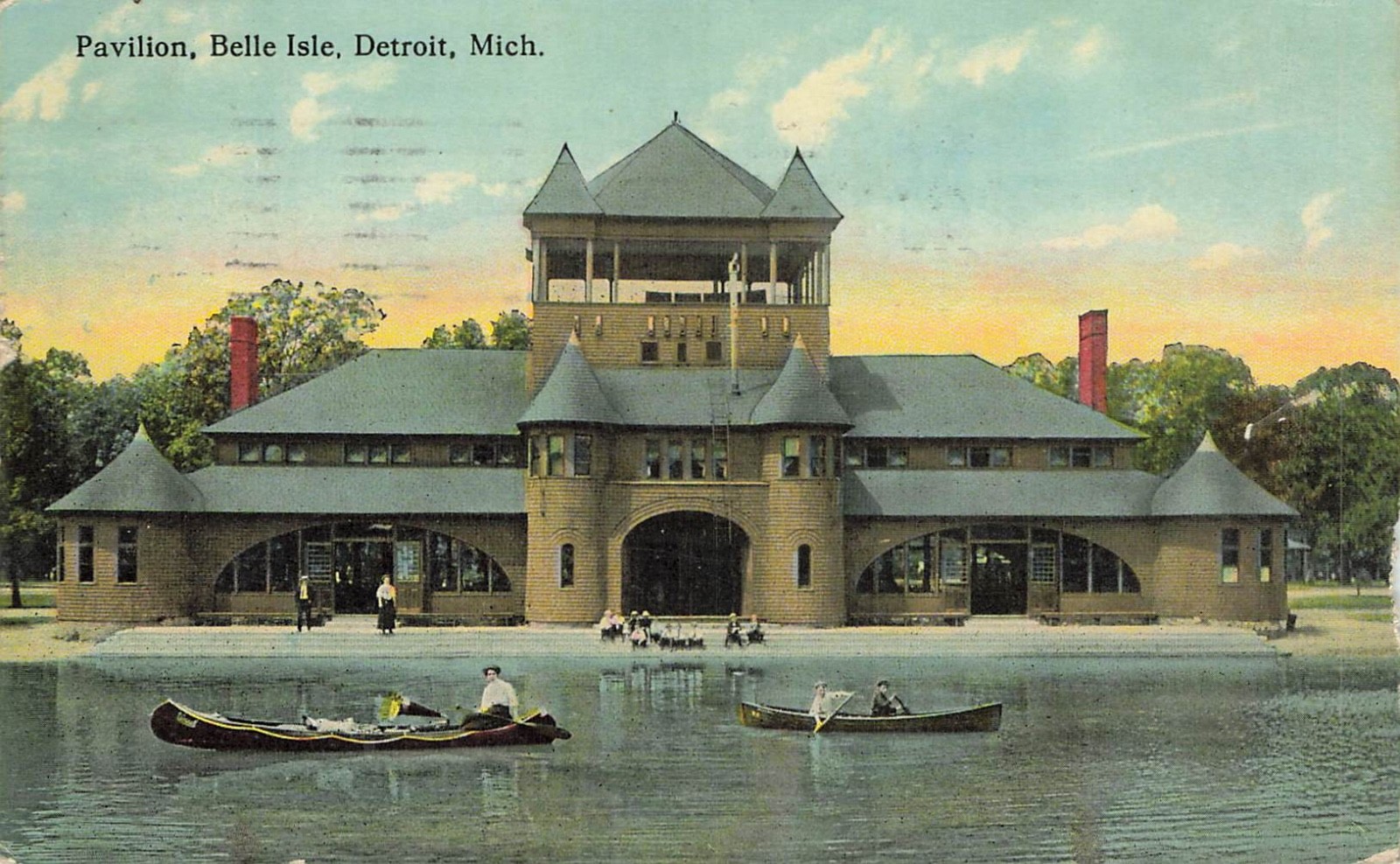 Vintage Postcard Pavilion, Belle Isle, Detroit, Michigan Canoeing, Posted 1916