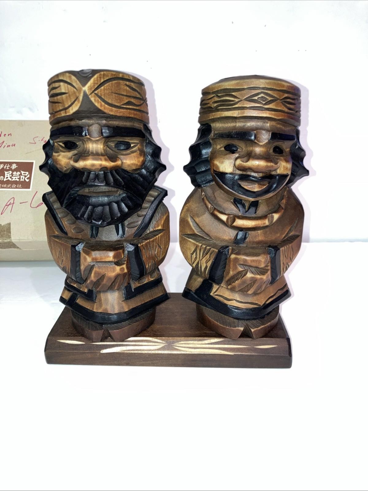 Vintage Ainu wooden sculpture Set two Hokkaido crafts W/Pedestal 7” From JAPAN