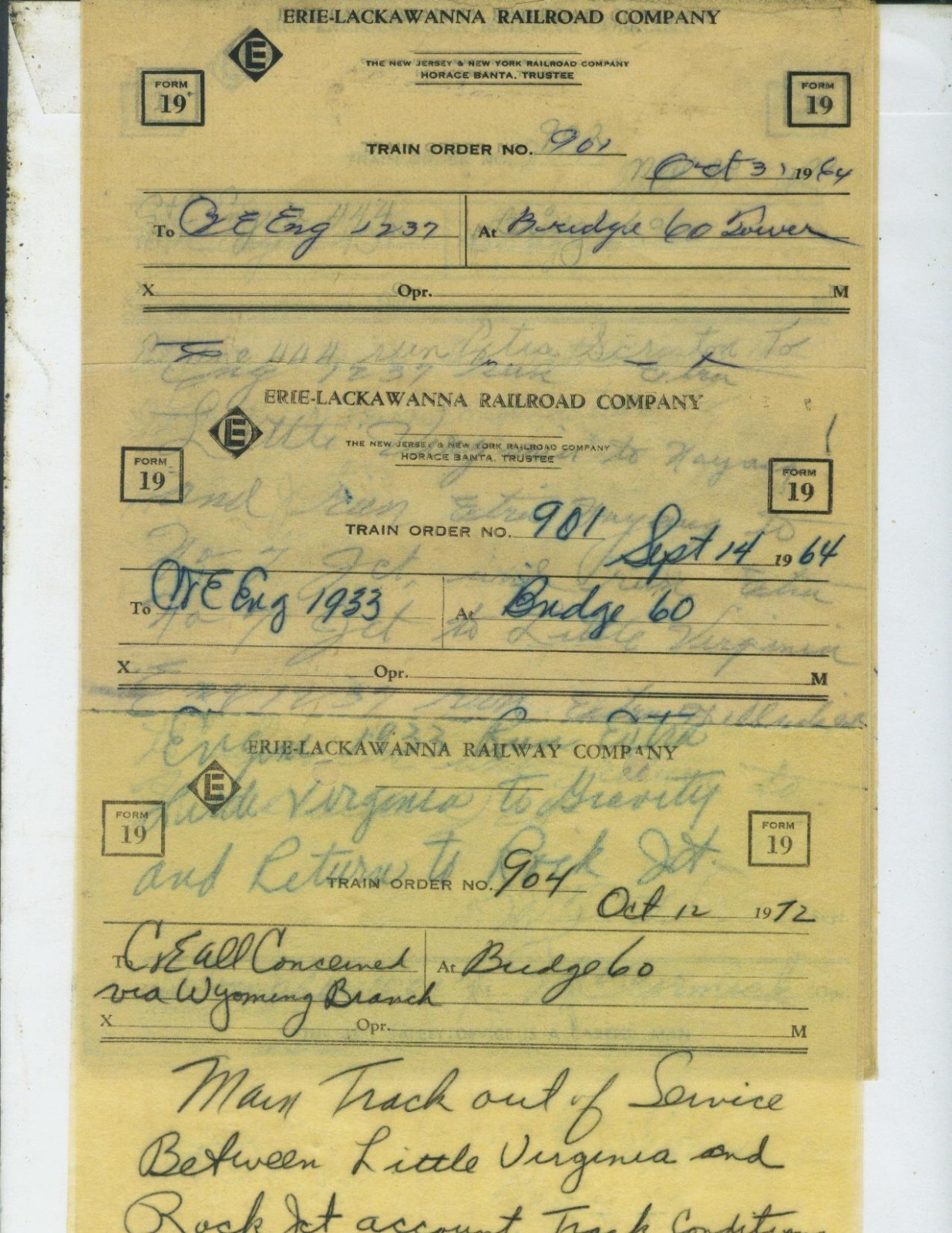 ERIE-LACKAWANNA RAILWAY CO. TRAIN ORDERS (16) BRIDGE 60 (SCRANTON) PA. 1964-1973