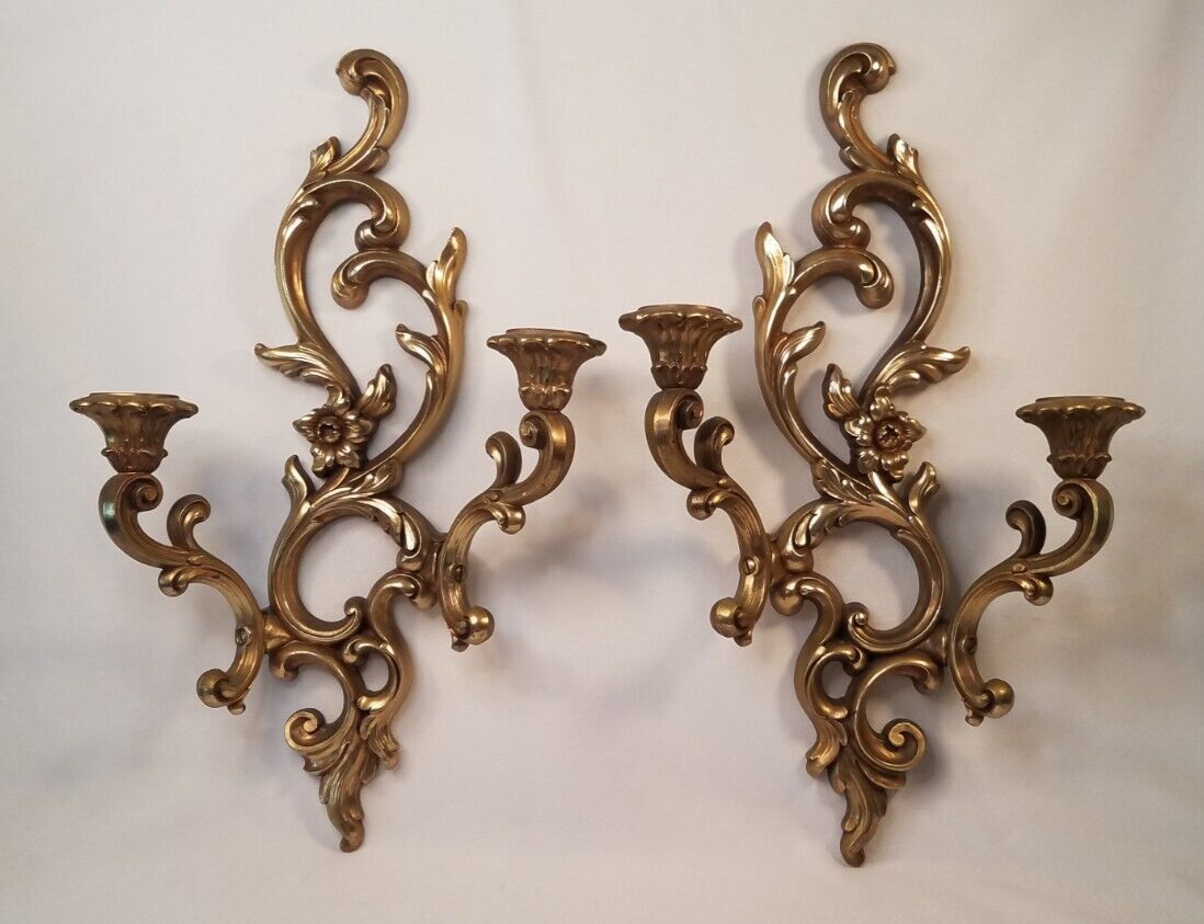 Vintage Syroco Pair Gold Wall Sconces Candle Holders Hollywood Regency #3930