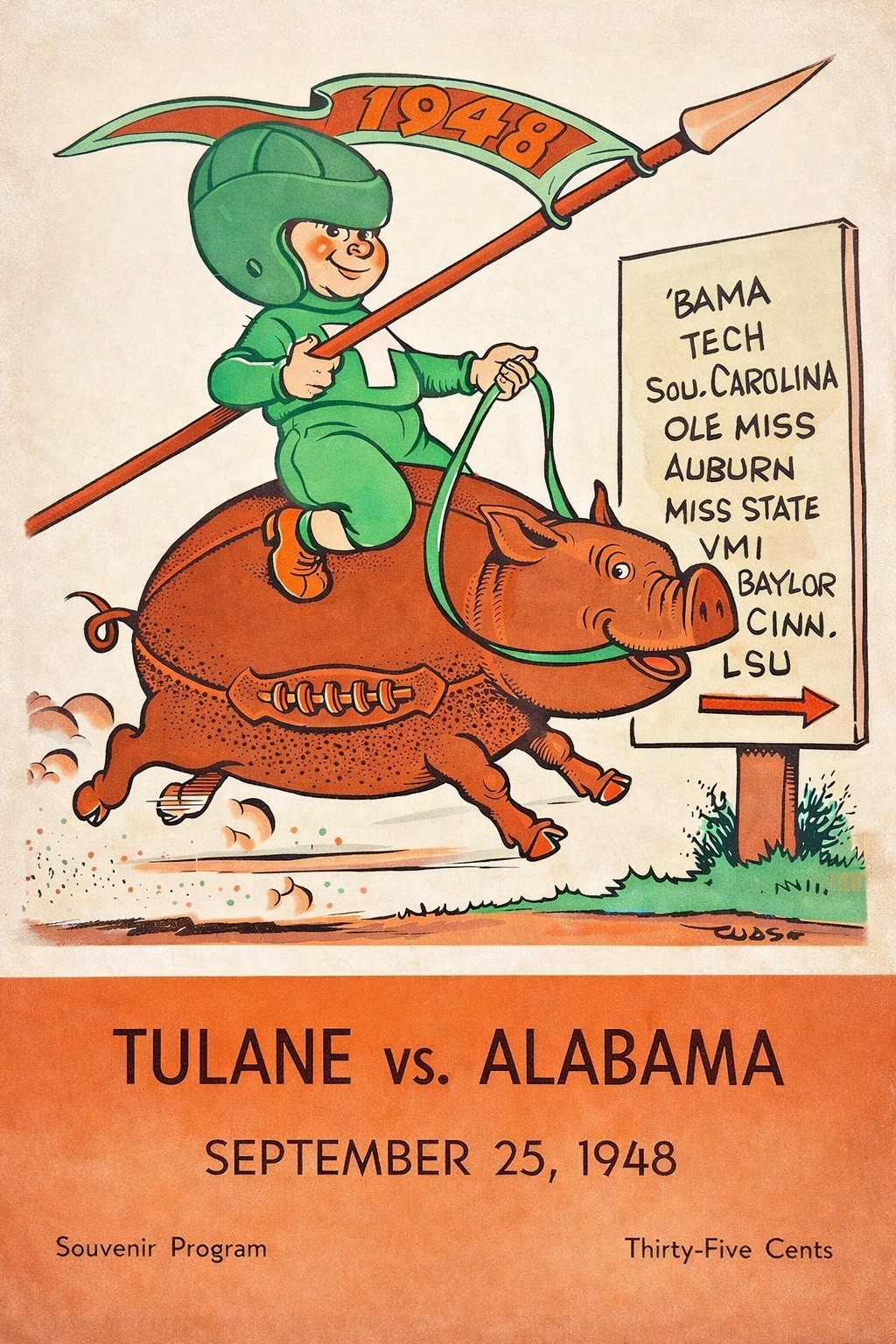 Vintage 1948 Tulane vs Alabama Football Poster - 24x36” - Large Format Historic