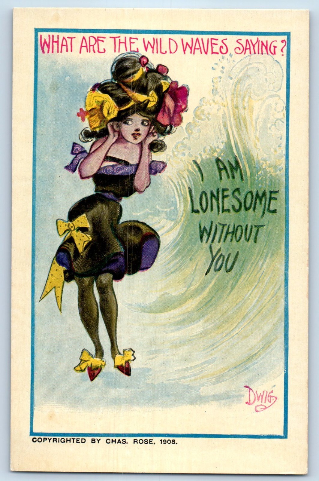 c1910\'s Fashion Woman I Am Lonesome Without You Dwig Signed Artist Postcard