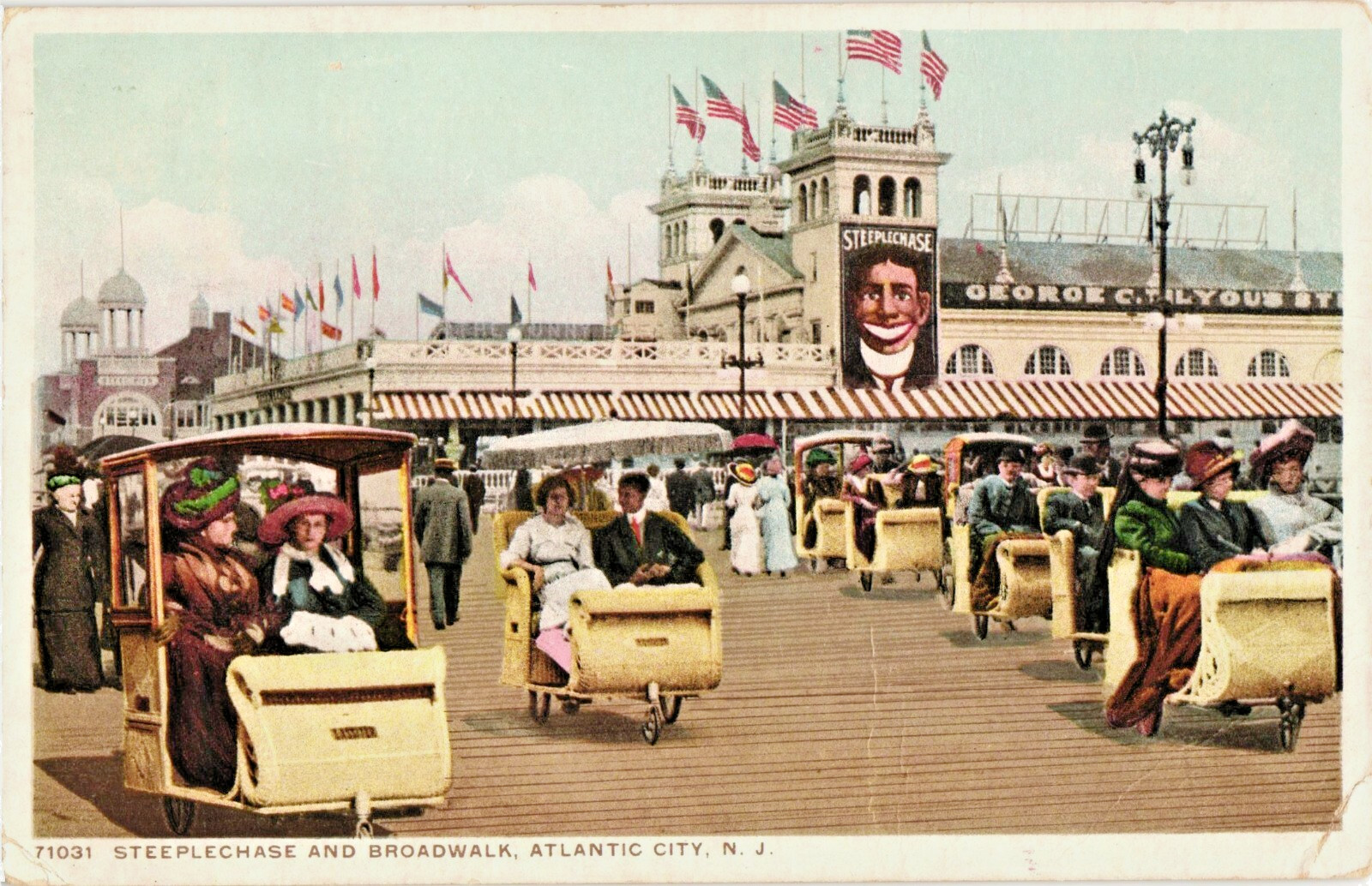 Atlantic City NJ Steeplechase Boardwalk Rolling Chairs Postcard 1900s Wicker
