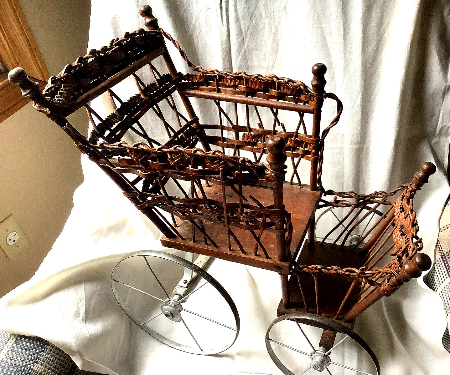 Rare Antique Wicker Rattam Doll Carriage Buggy Chair Early 1900’s Metal Wheels