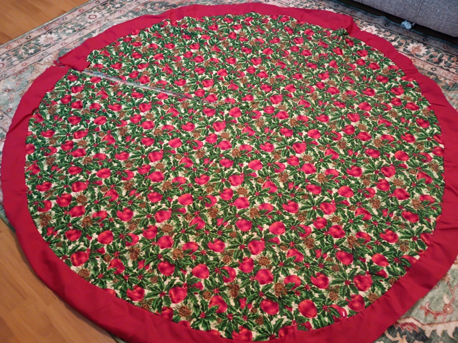 Vintage Handmade Quilted Christmas Tree Skirt Apples Holly Berries  Cottagecore