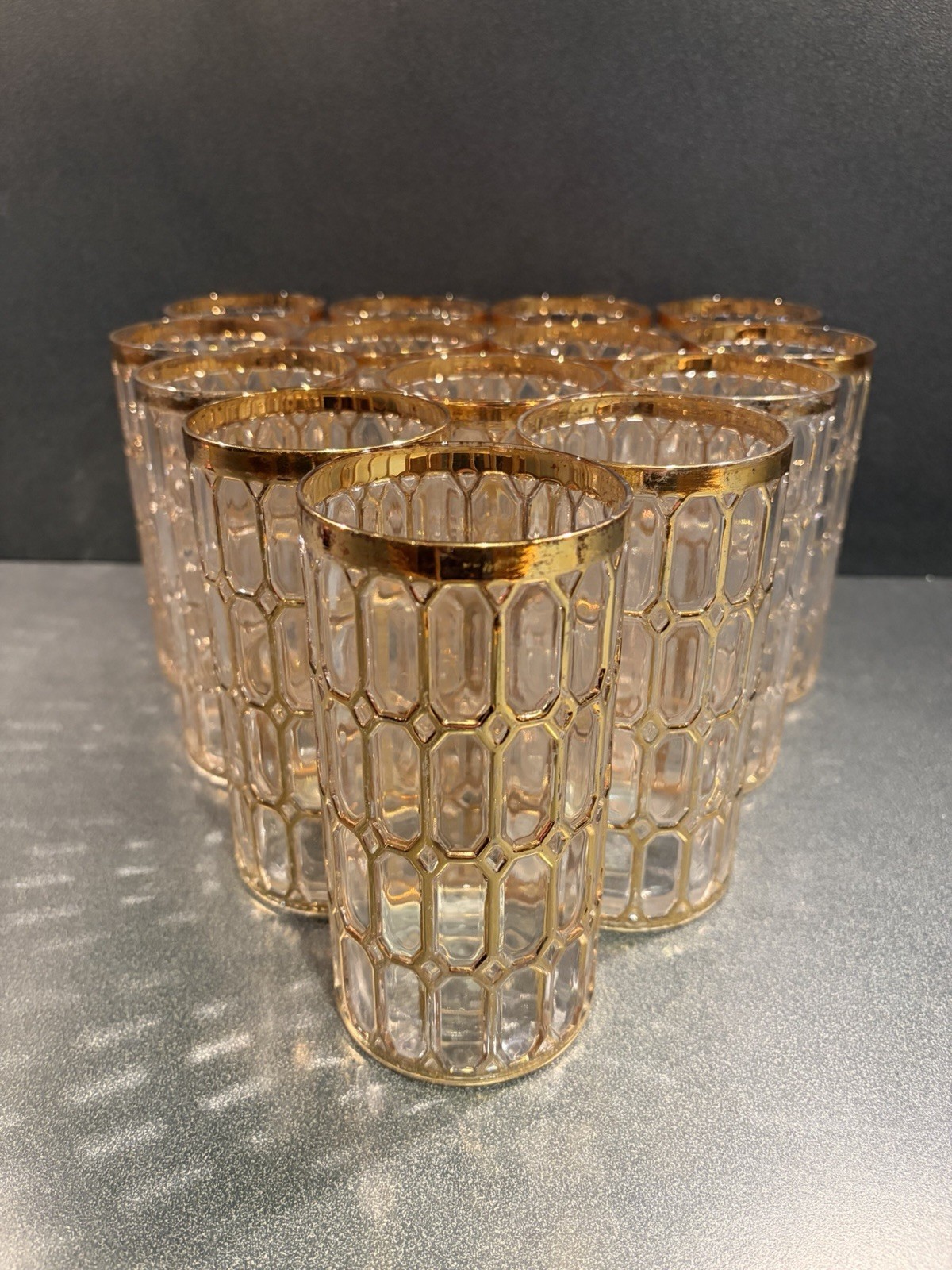 Vintage Set of 14 Imperial Spanish Windows Glasses Gold Mid Century Modern