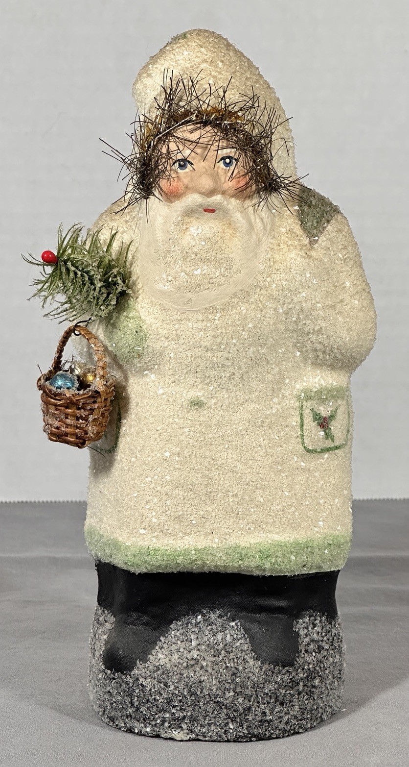 Seasons Gone By CML Paper Mache Santa White Coat Wicker Basket Ornaments 9”