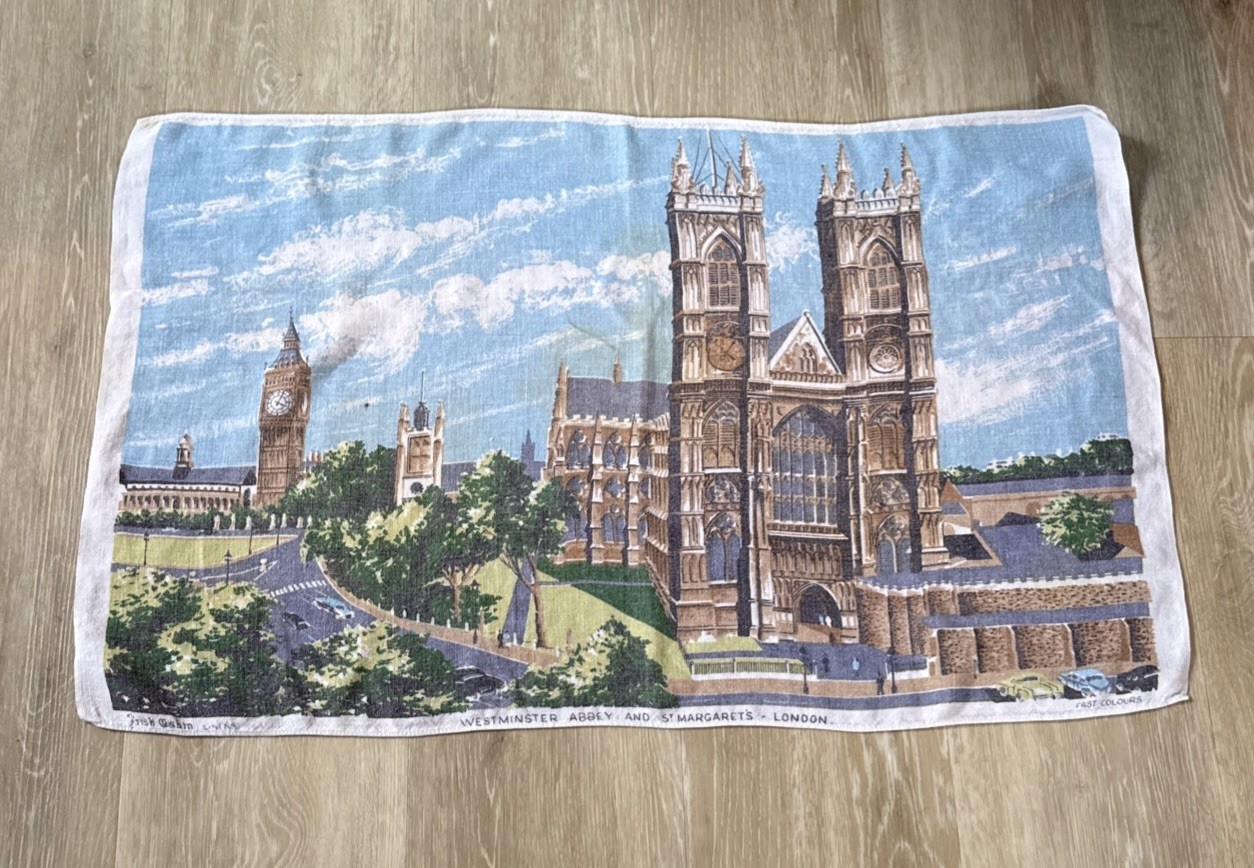 VTG Westminster Abbey & St. Margaret London Tea Towel~Irish Cabin Linens 18x29.5