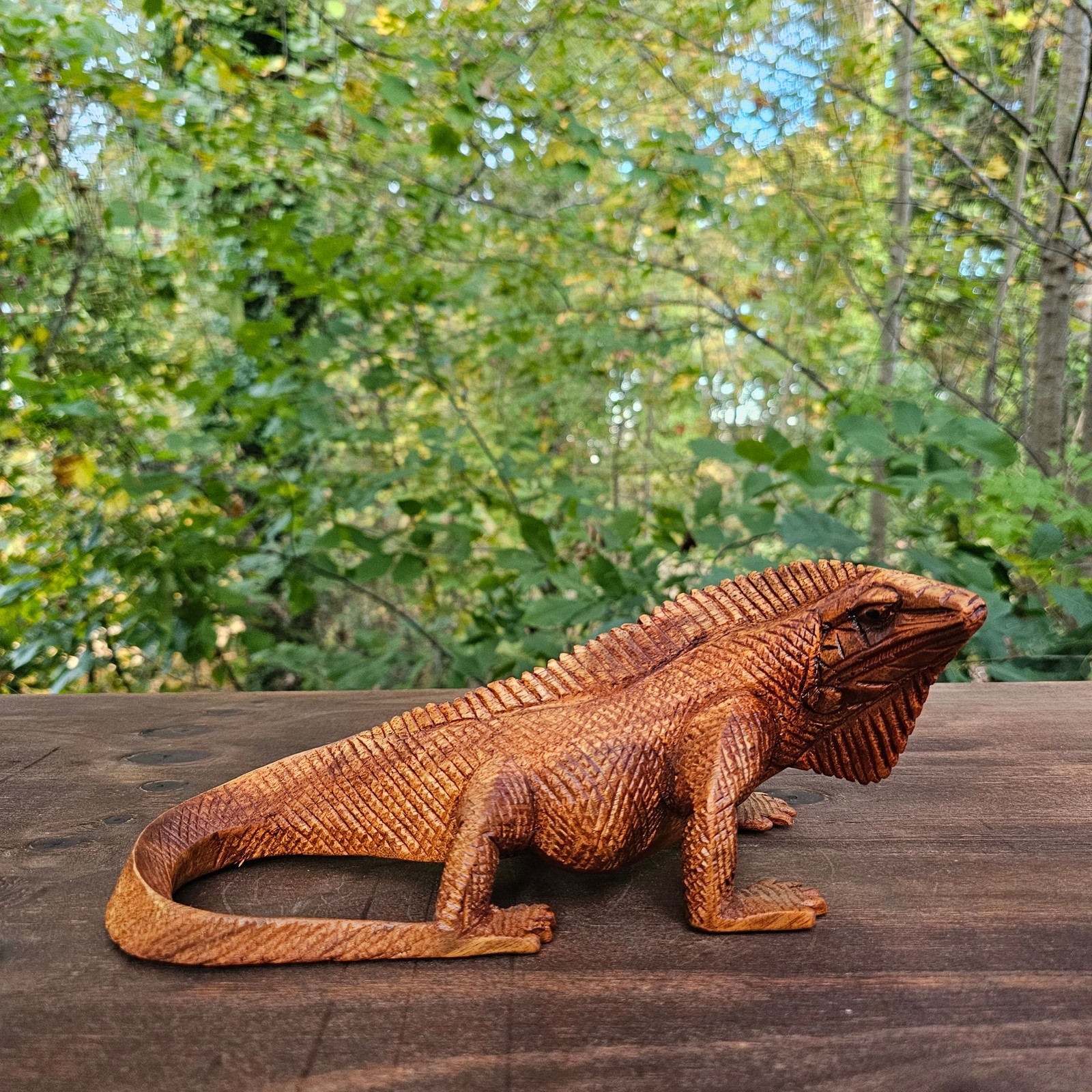 Hand Carved Wooden Iguana Figurine Realistic Lizard Statue Exotic Home Decor