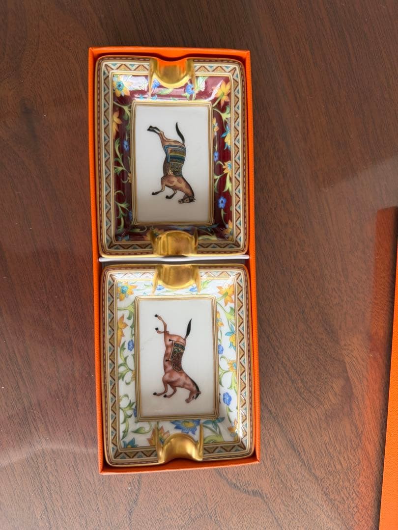HERMES Ashtray Cheval d'Orient Mini Ashtray Set of 2 with Box Horse Pattern Gold