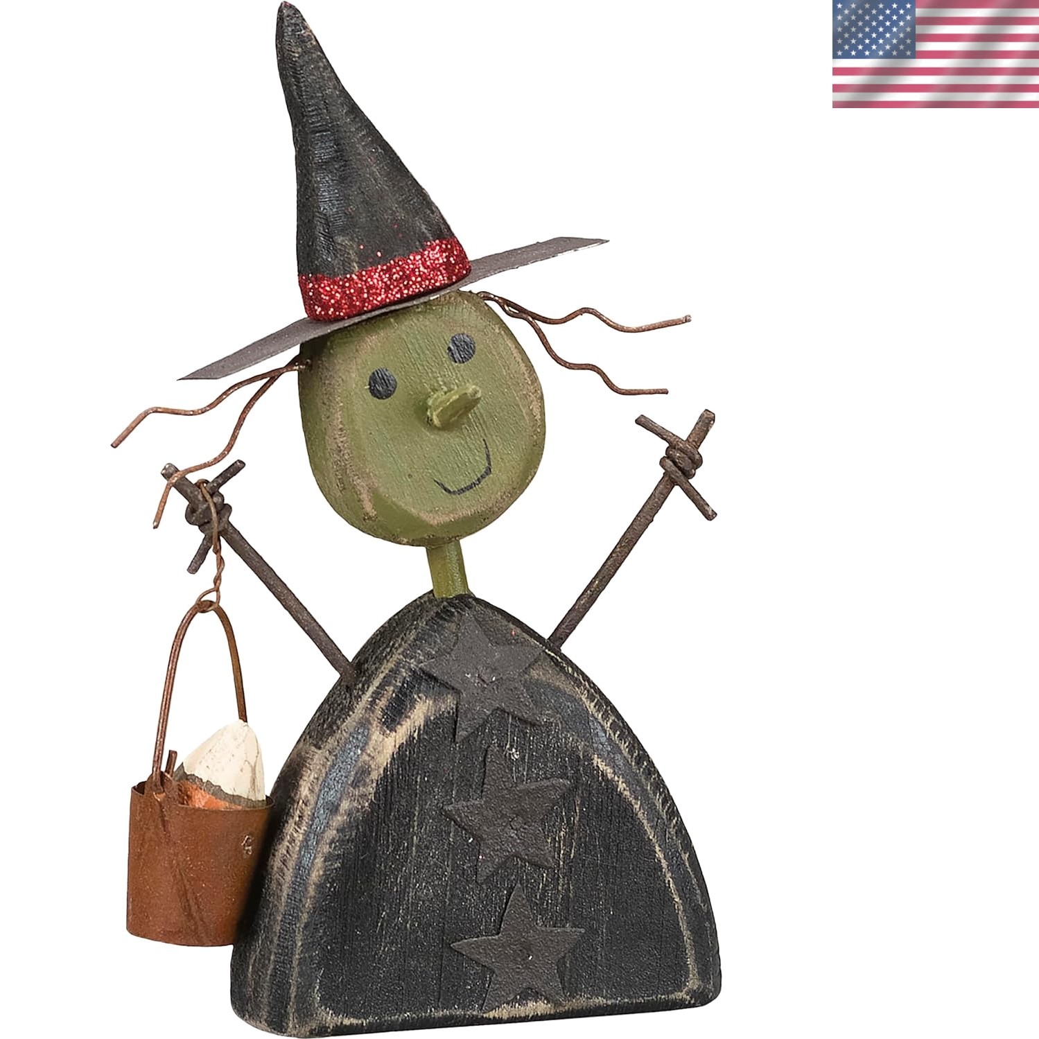 Hand-Carved Halloween Witch Sitter with Glitter Details - Rustic Home Accent