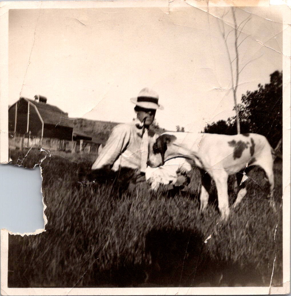 Antique 1920s-30s Sepia Photo Man Smoking Pipe with Hunting Dog & Barn Farm Antique 1920s-30s Sepia Photo Man Smoking Pipe with Hunting Dog & Barn Farm