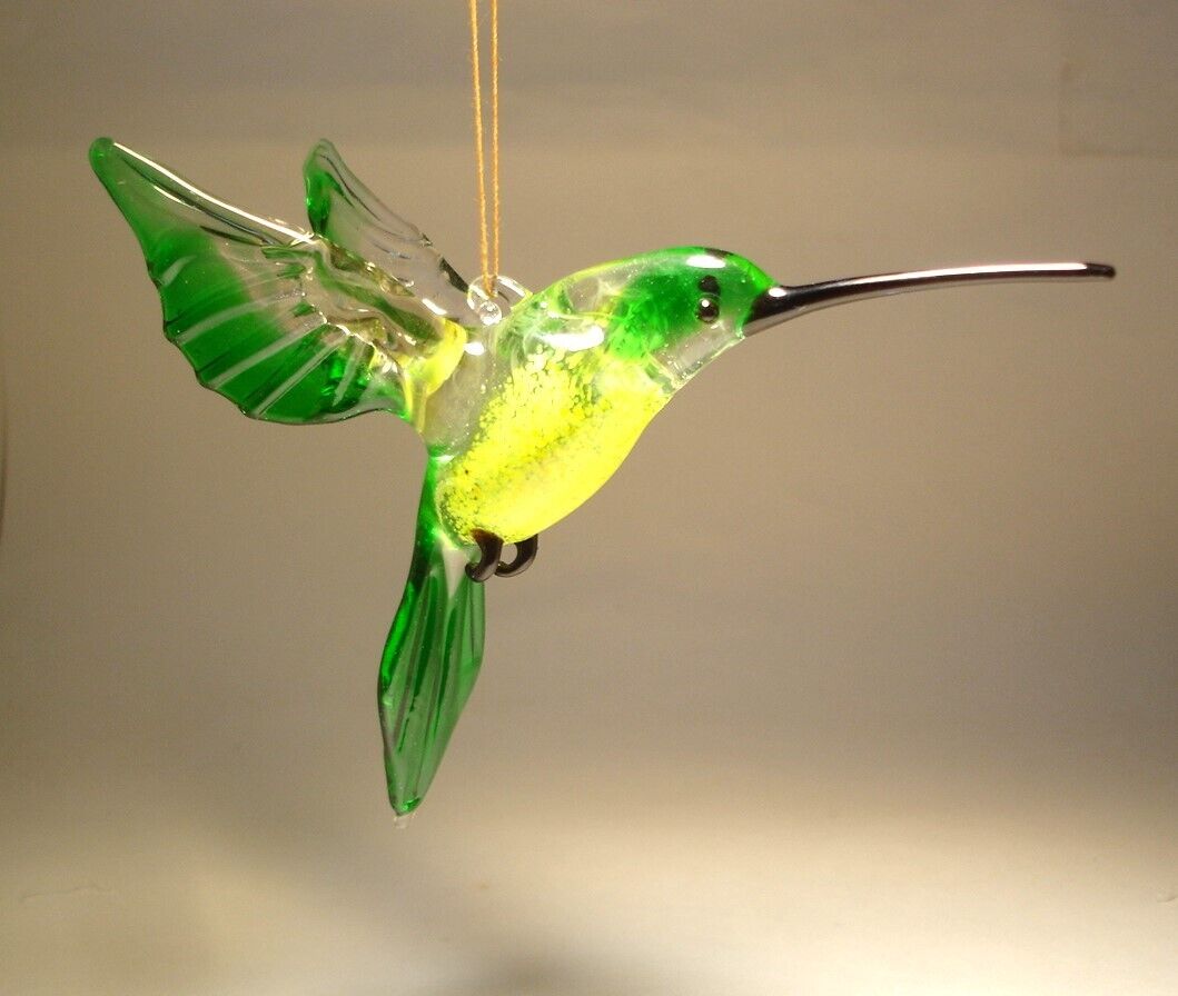 Blown Glass Figurine Bird Hanging Green and Yellow HUMMINGBIRD Ornament