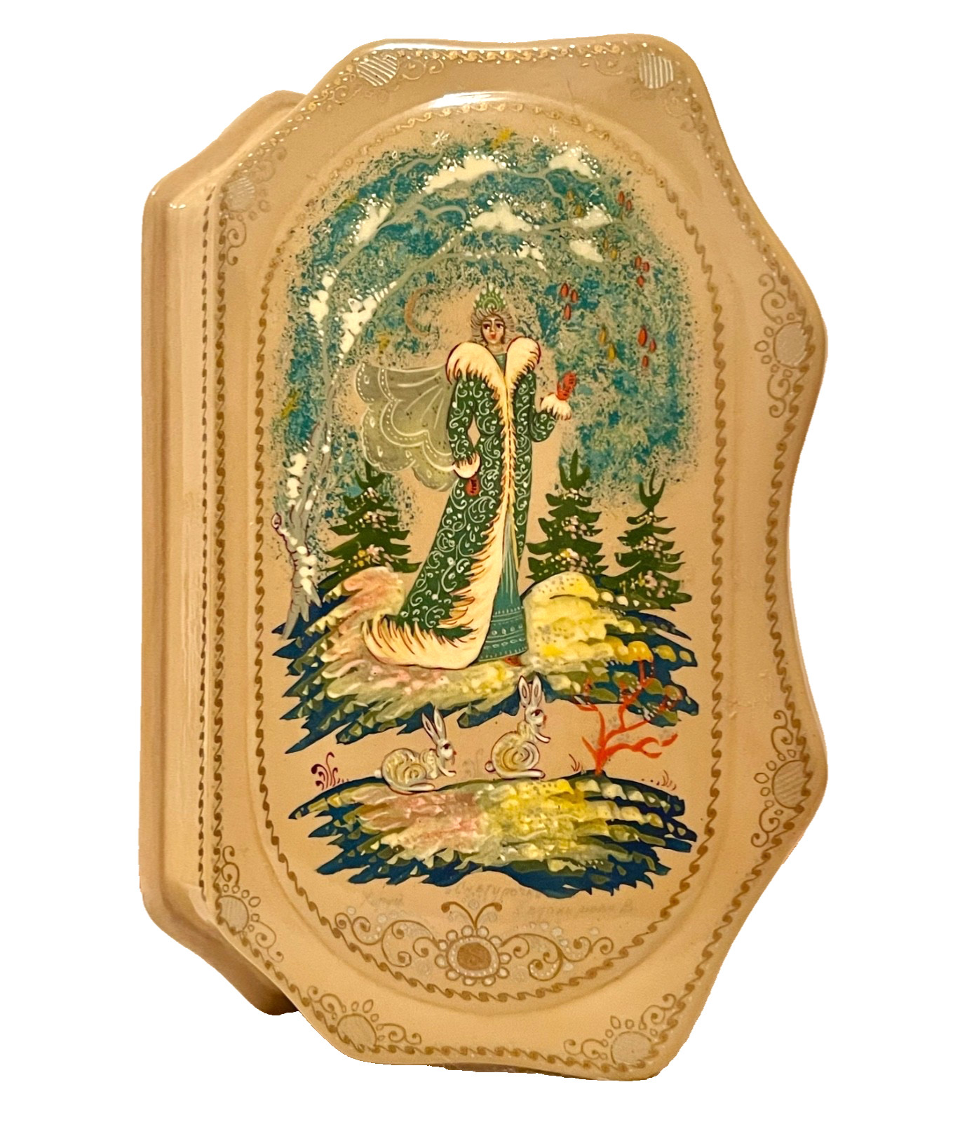 🔥OOAK RARE EXQUISITE 22K GOLD KHOLUI SNOW MAIDEN LARGE RUSSIAN LACQUER BOX SIGN