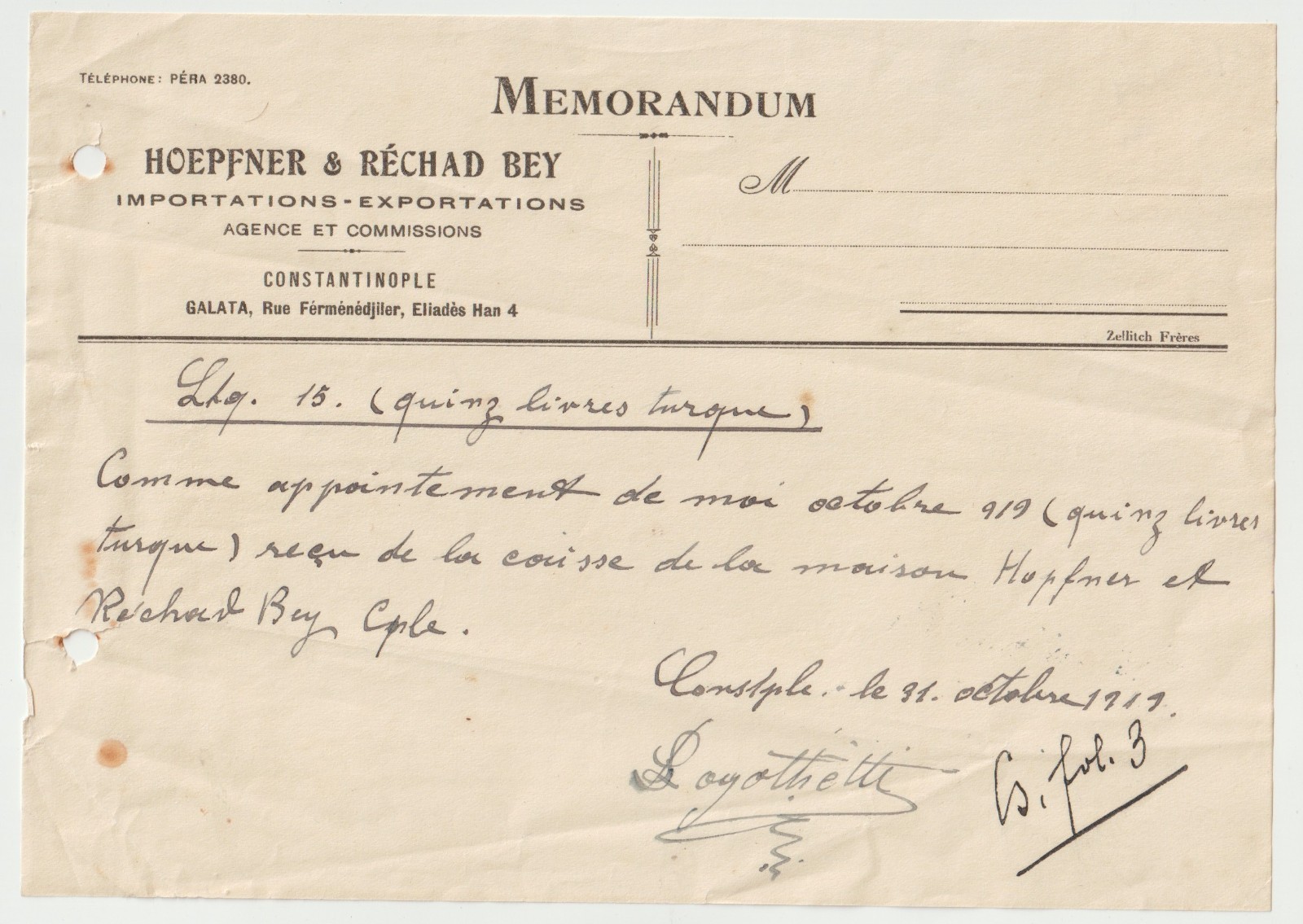 1919 Constantinople Receipt Zellitch Freres Croatian Printer Hoepfner & Rechad