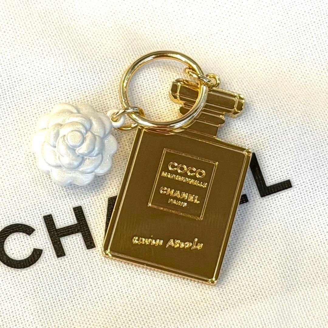 CHANEL Novelty Coco Mademoiselle Perfume Bottle & Camellia Charm Gold Color