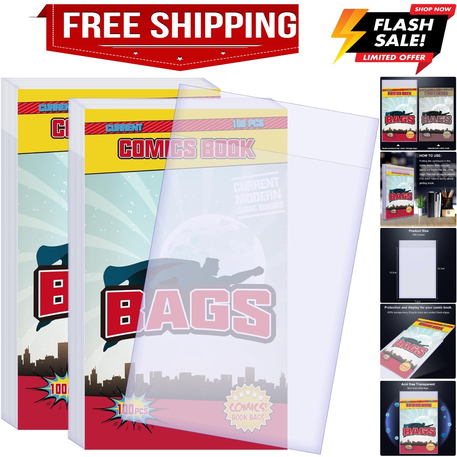 Durable 200 Count Comic Book Sleeves -  Clear Mylar Protection 7.2x10.5