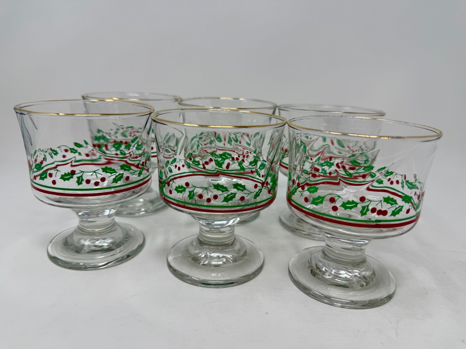 6 Vintage Arby\'s Libbey Dessert Dishes Glasses Holly Berry Gold Rim Christmas