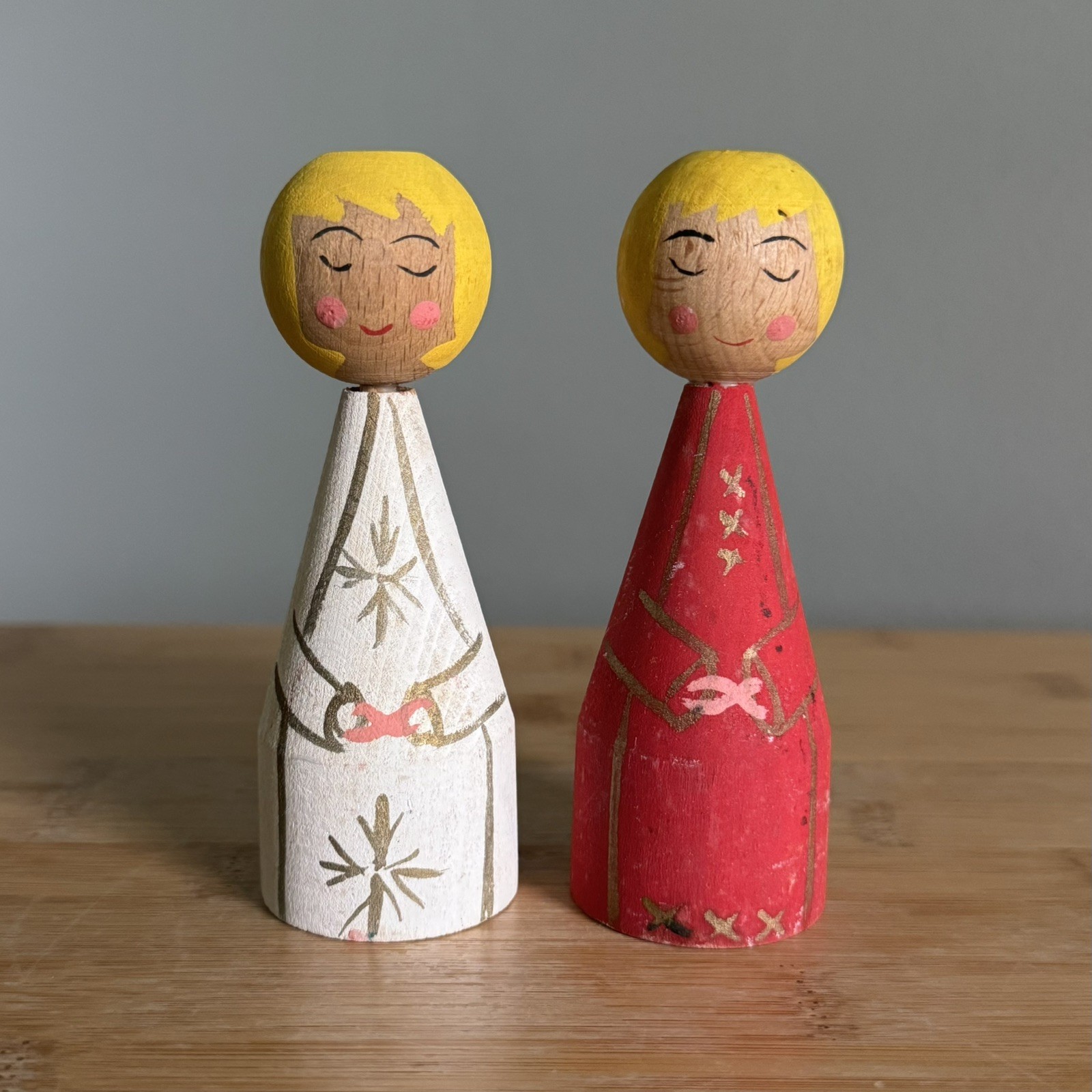 VTG Danish Handmade Hand Painted Wooden Candle Holder Figurines 4.5” Set of 2 