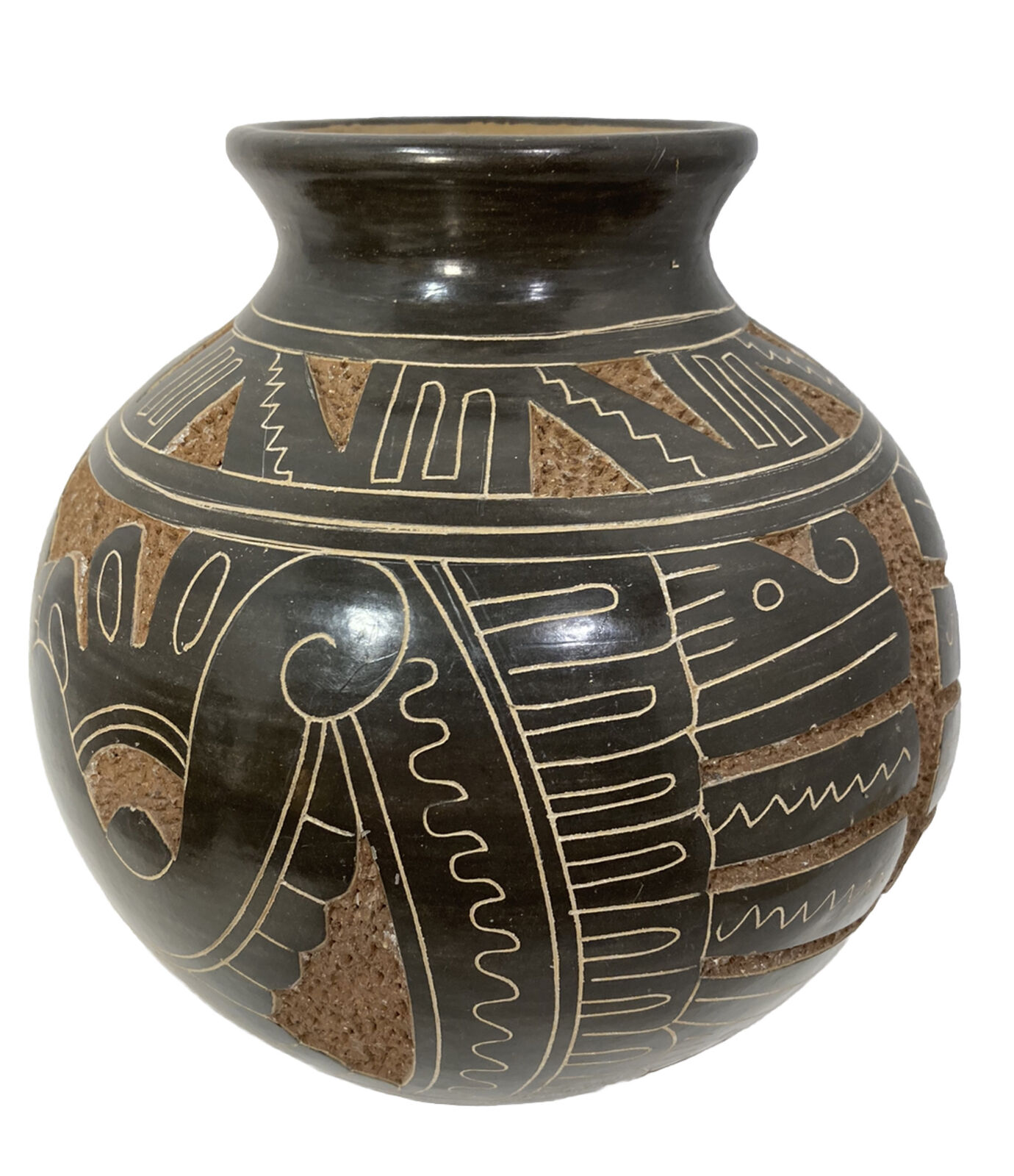 Feather Serpent Aztec God 9” Carved Black Nicaraguan Stoneware Pottery Vessel