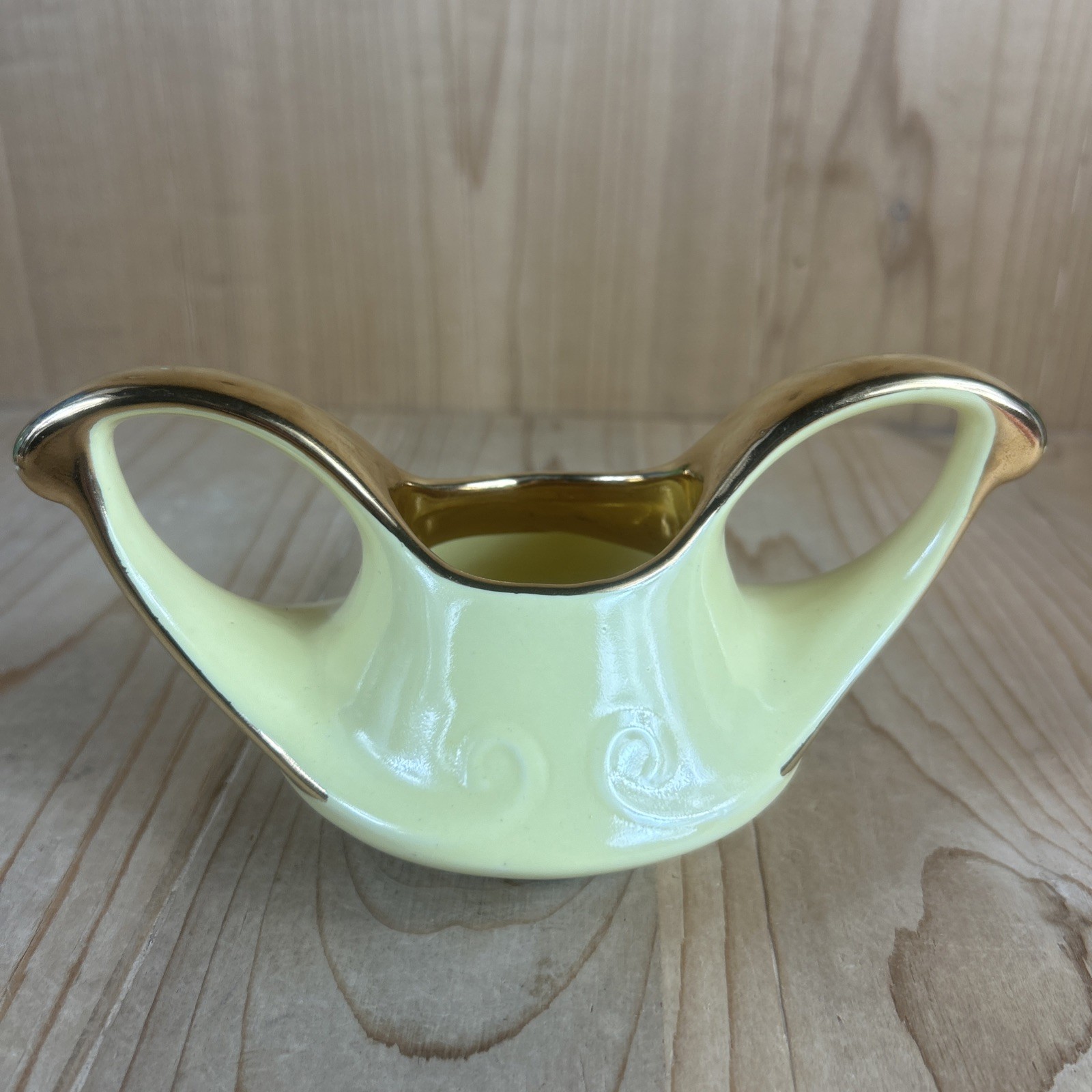 Vintage Pearl China Co Aladdin Sugar Bowl Yellow 22K Gold Trim Swirl MCM 1950s
