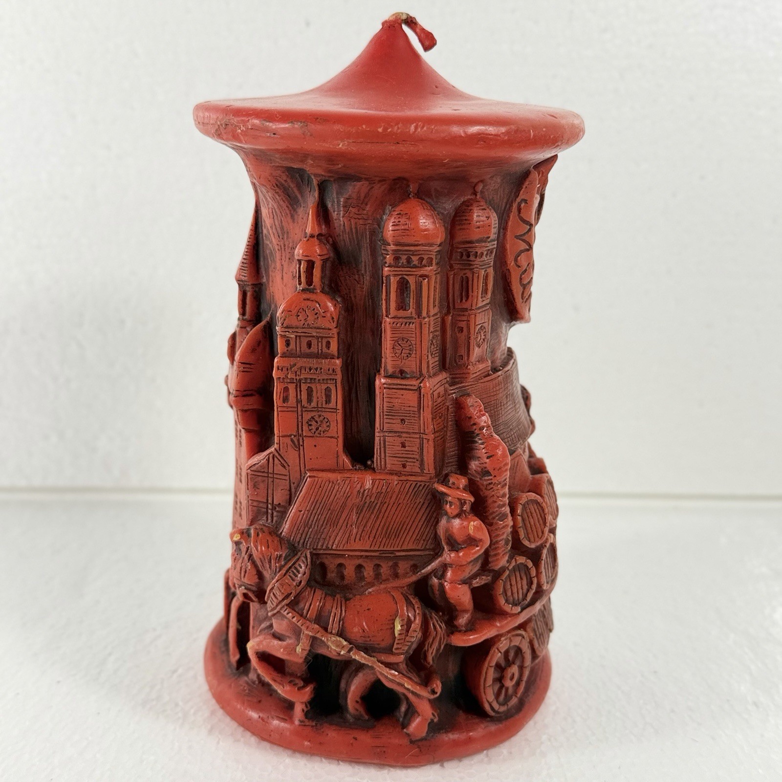 Vintage Munich Germany Relief Carved Pillar Candle Red Architectural NEW Unlit