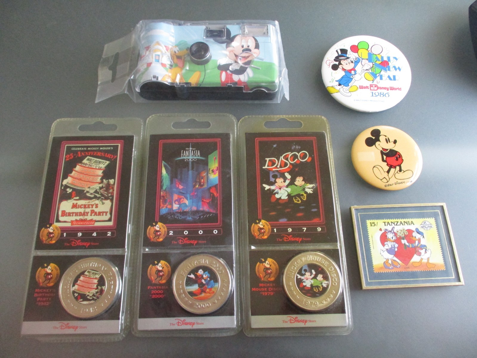 Lot of Random Vintage Walt Disney  Items - Decade Coins, Stamp, Camera, Mirror