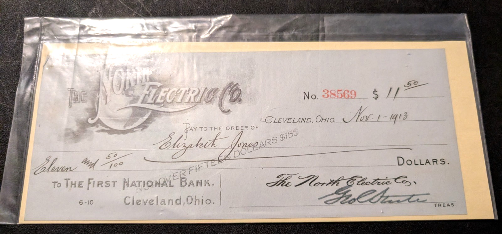 antique 1913 check for the north electric co/Cleveland,oh/Nov 1st/#38509