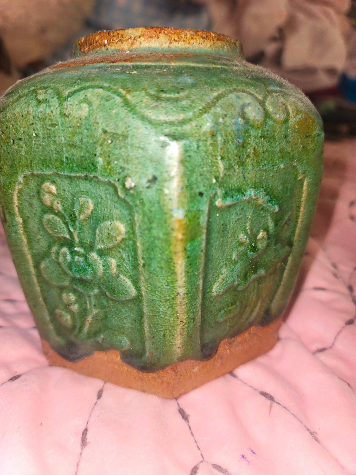 Antique Chinese Shiwan Hexagonal Green Glazed Ginger Jar Pottery Vase