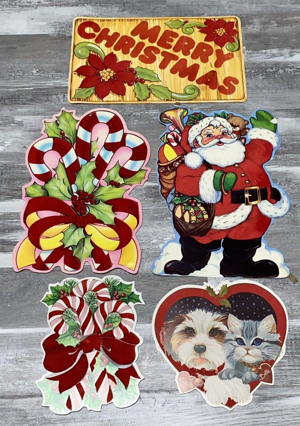 Vintage 1970s Christmas Cutouts- Puppy Kitten, Candy Cane, Santa Clause Lot 5