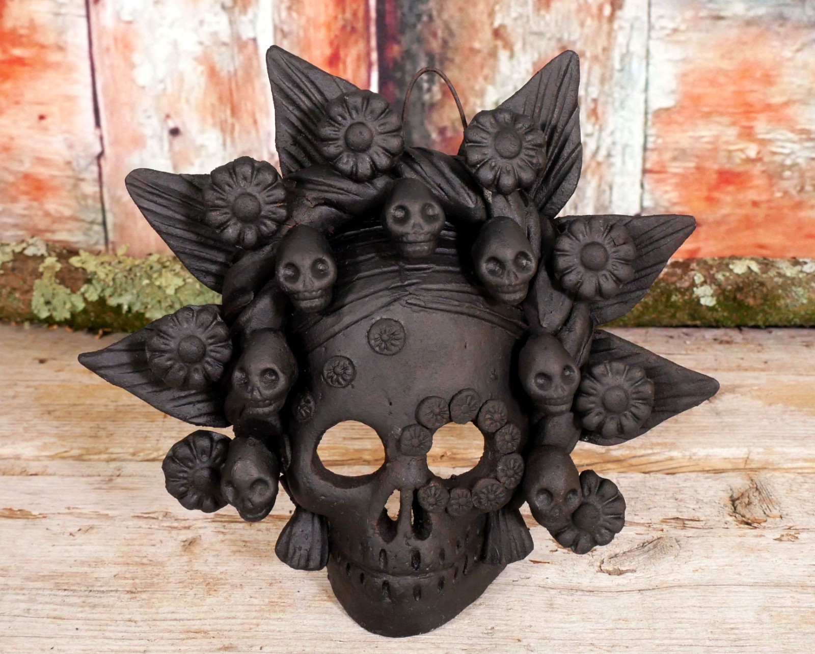 Frida Kahlo Skull Mask Handmade Day of the Dead Clay Michoacan Mexican Folk Art