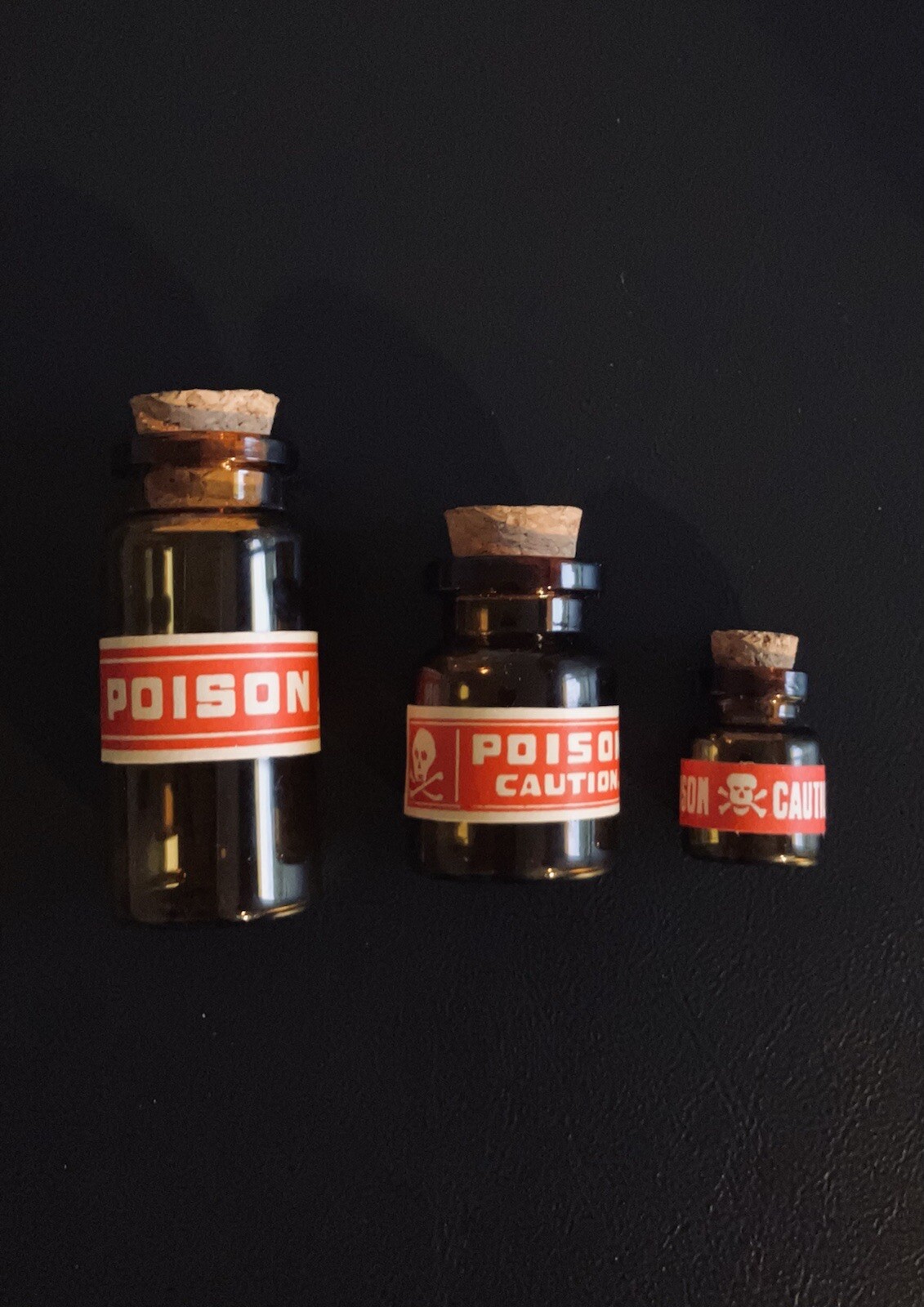 Vintage Poison Vials - Set of Three - Skull and Crossbones Labels - VERY RARE