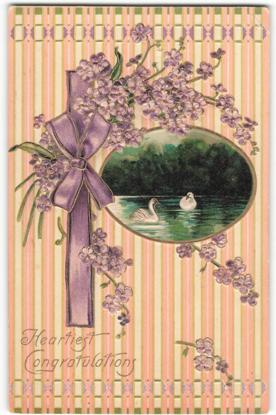 Heartiest Congratulations Swans Violets Ribbon embossed VTG Postcard KAY2.