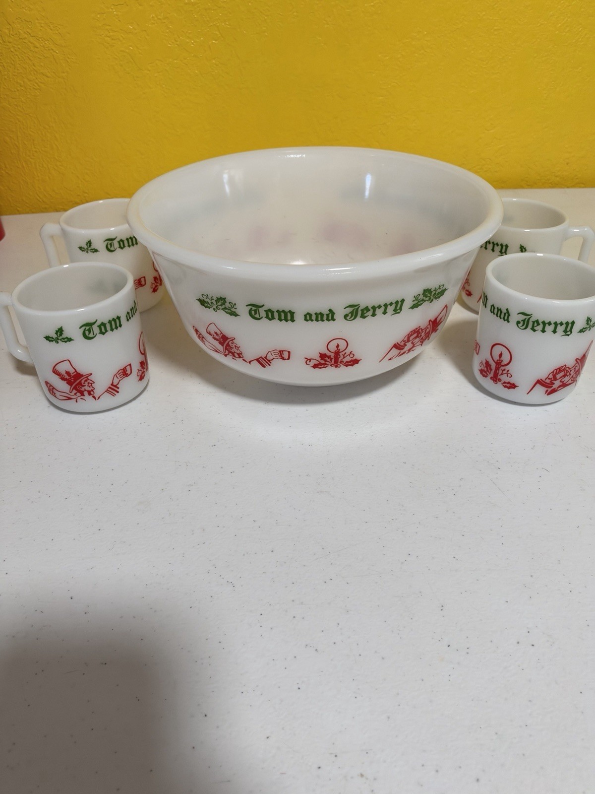 Vtg Hazel Atlas Tom & Jerry Milk Glass Punch Bowl Set 4 Mugs Cups Egg Nog Xmas