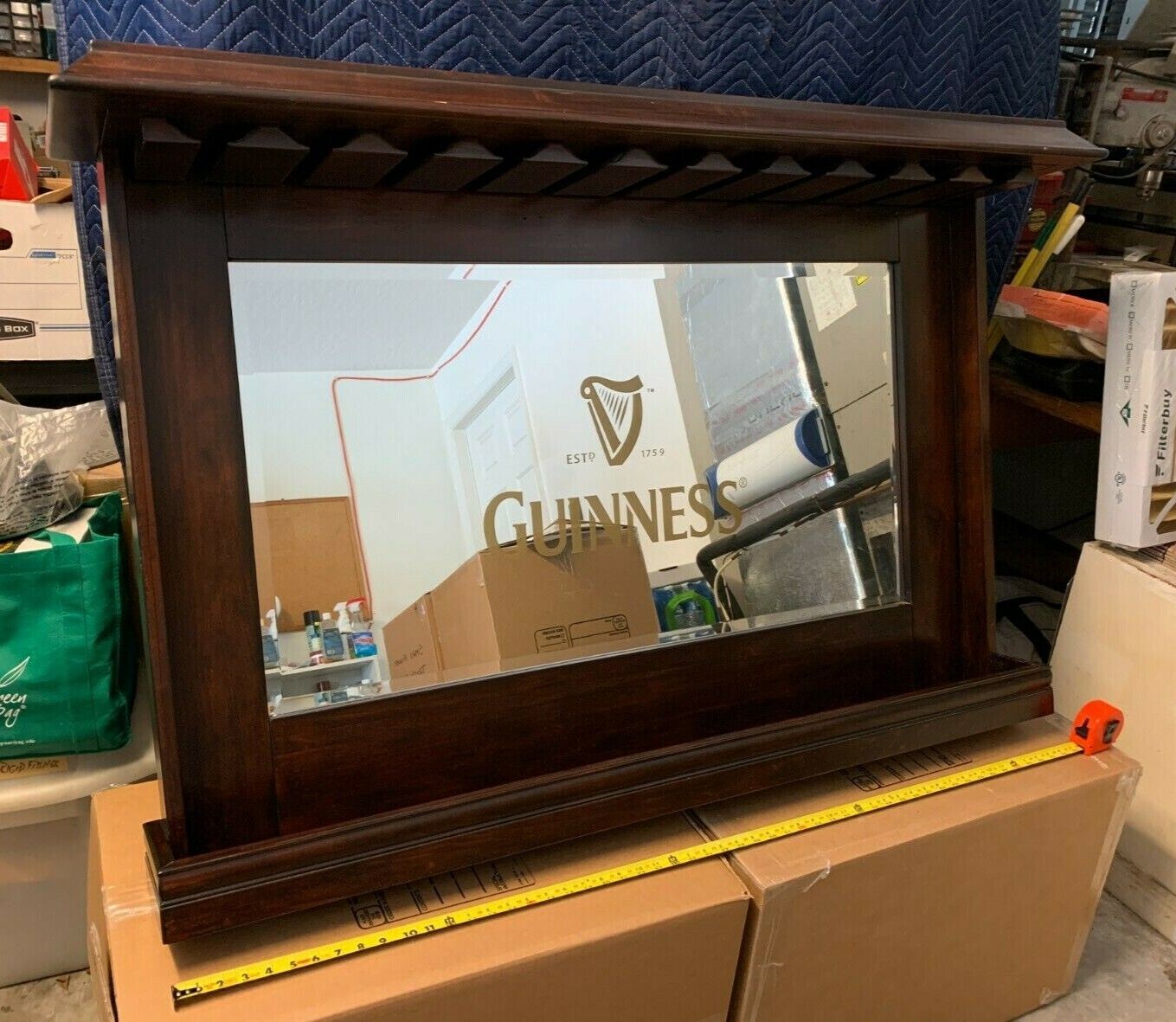 Guinness Back Bar Wood Pub Mirror - Bottle Shelf & Glass Racks Harp Logo