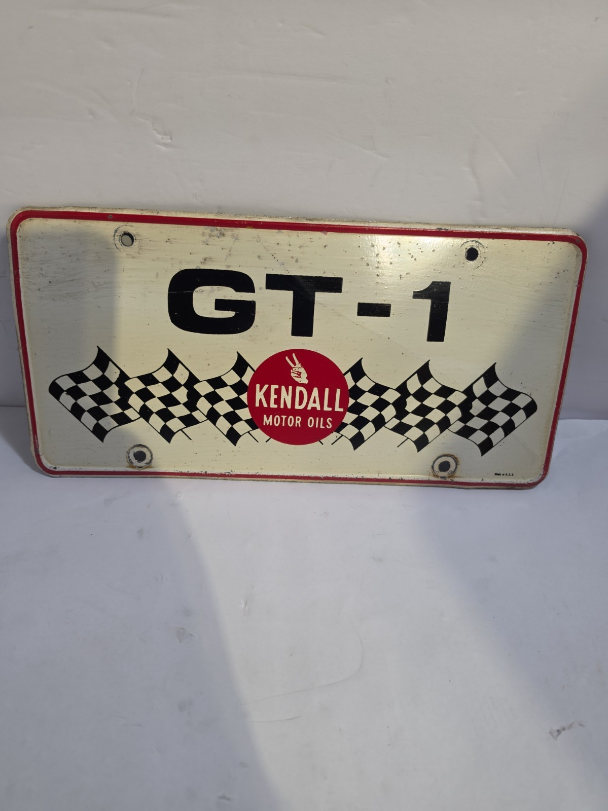 Vintage Kendall Motor Oil GT-1 Racing Checker Flags Steel Booster License Plate
