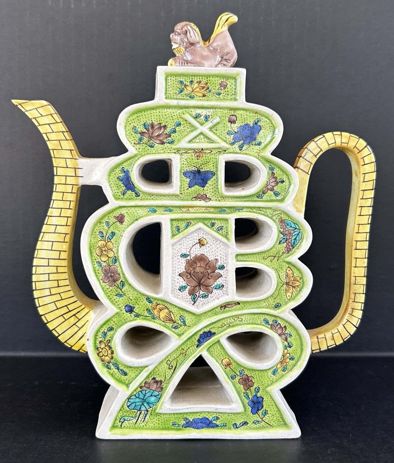 Chinese Puzzle Teapot Famille Verte Hand Painted Porcelain 19th Century Antique