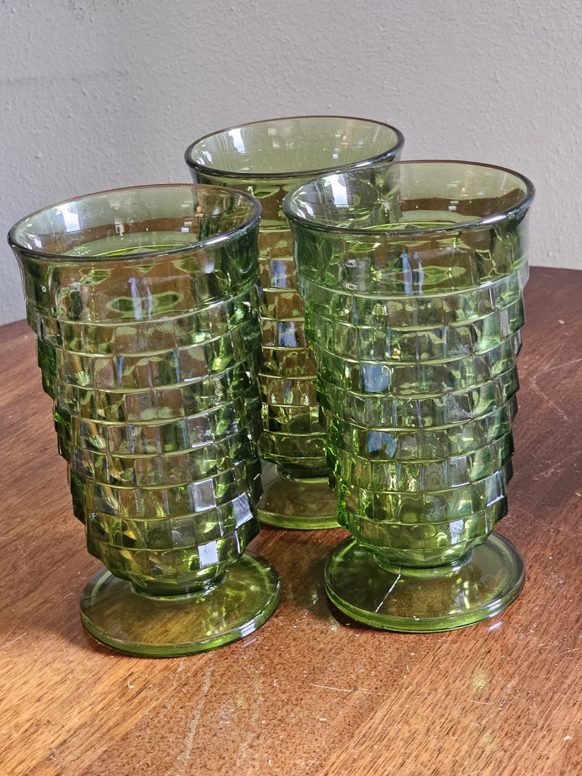 Vintage 3 Green Indiana Glass Whitehall Cubist Footed Glasses 6 inches