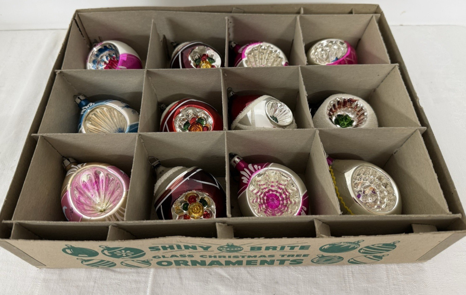12 Vtg Glass Christmas Ornaments Indents tear drop Germany/Poland Shiny Brite Bx