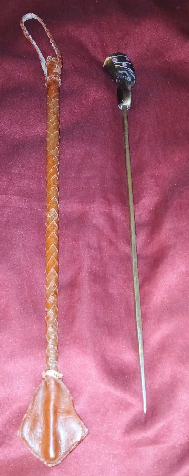 VTG Sword Dagger African Egyptian Folk Art Leather Riding Crop Carved Tribe Head