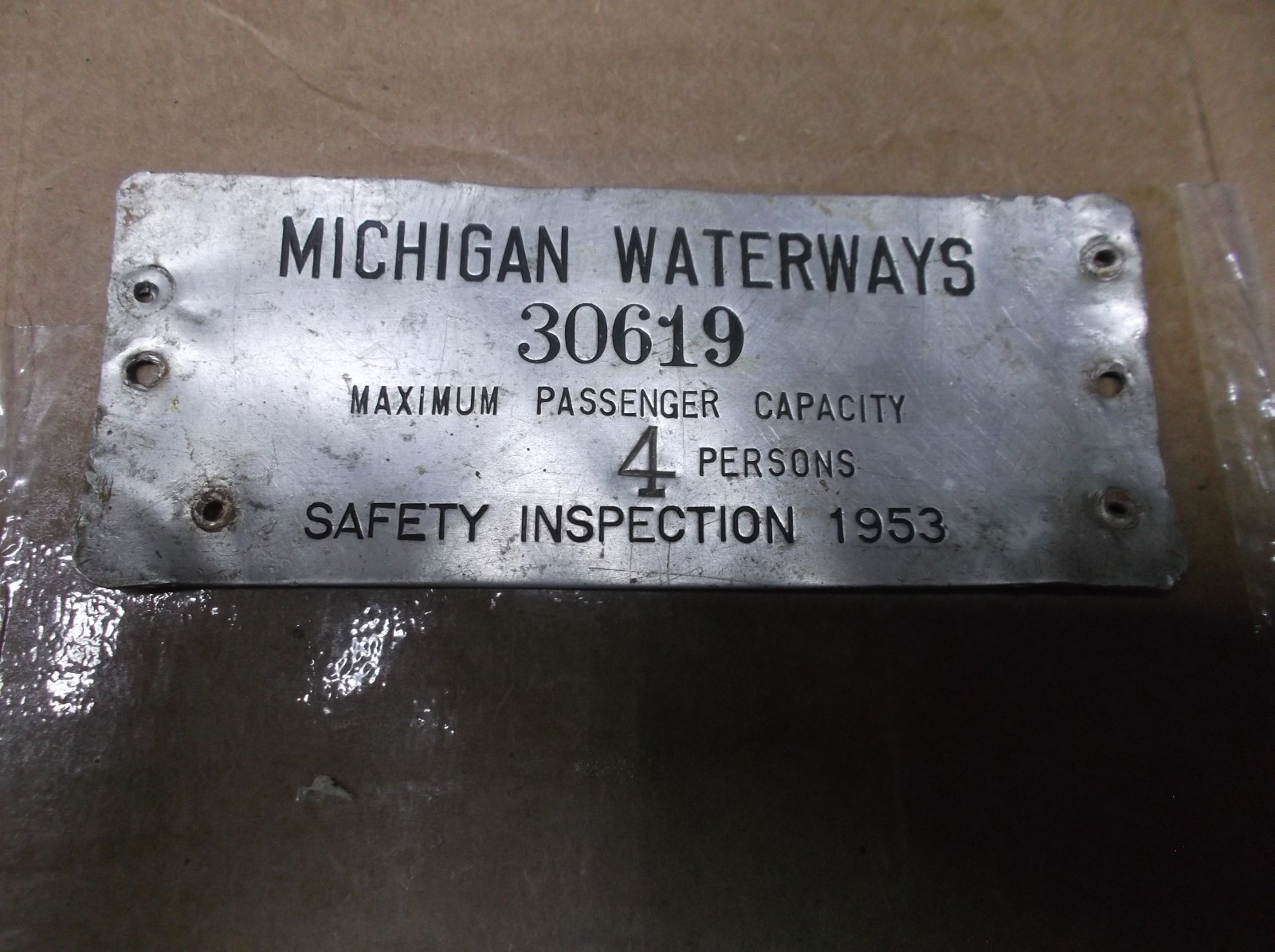 1953 Michigan Waterways DNR Safety Inspection Boat Tag License Maximum Capacity