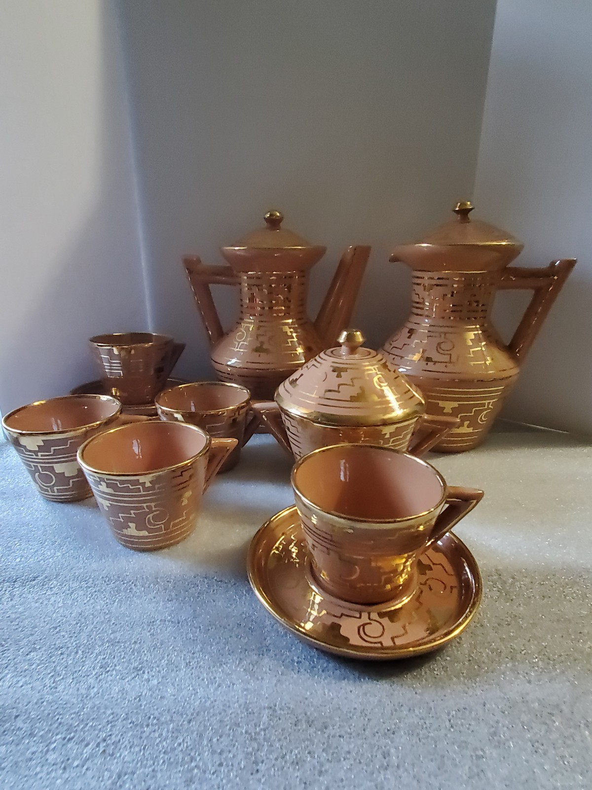 Vintage Brena Oaxaca Mexican Art Pottery Tea Chocolate Coffee 16pc Set In Gold
