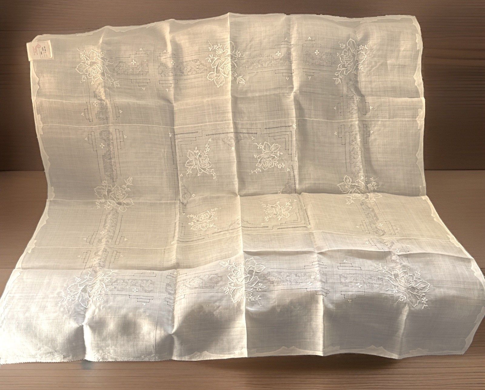 Vintage NOS 54” square linen Tablecloth Hand Embroidered .. Never Used