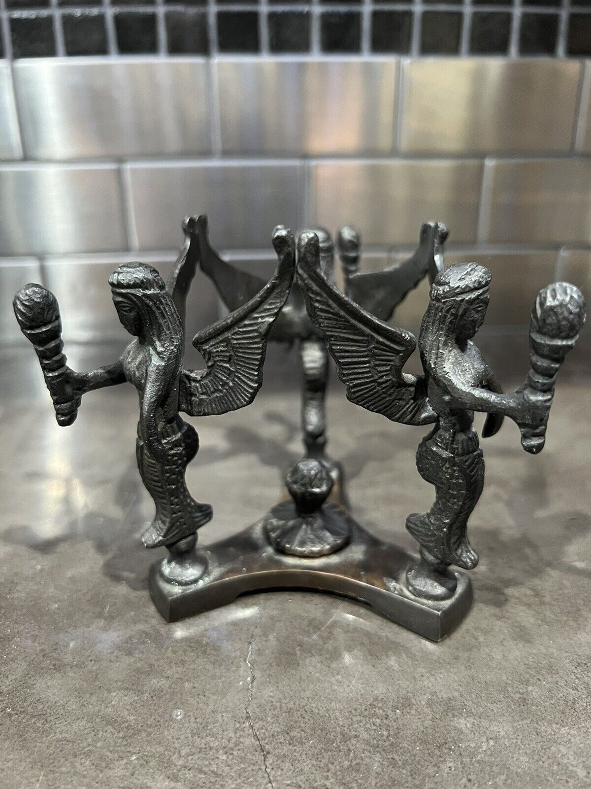 Antique Cast Metal Winged Mermaid Angel Holding Torches Bowl Stand Only Vintage