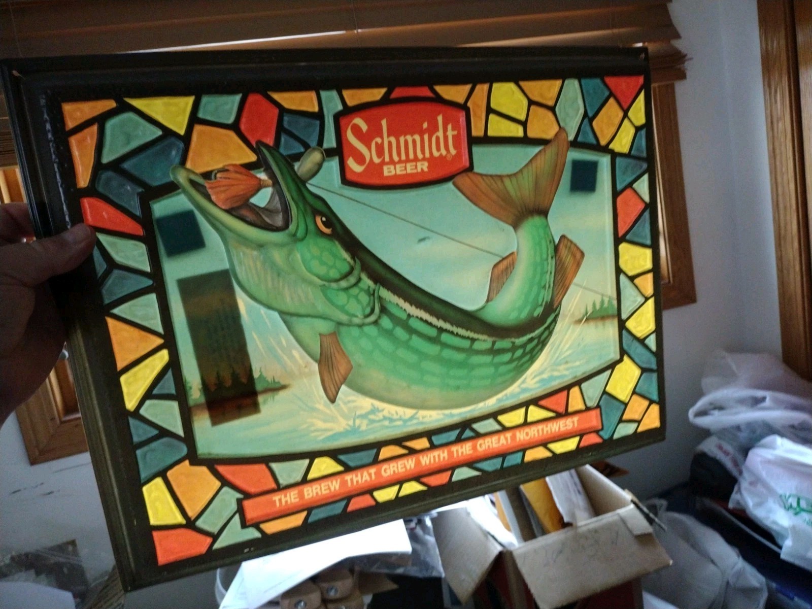 Vintage Schmidt Beer Sign Faux Stain Glass W/ HUGE Muskie Fish W Fishing Lure