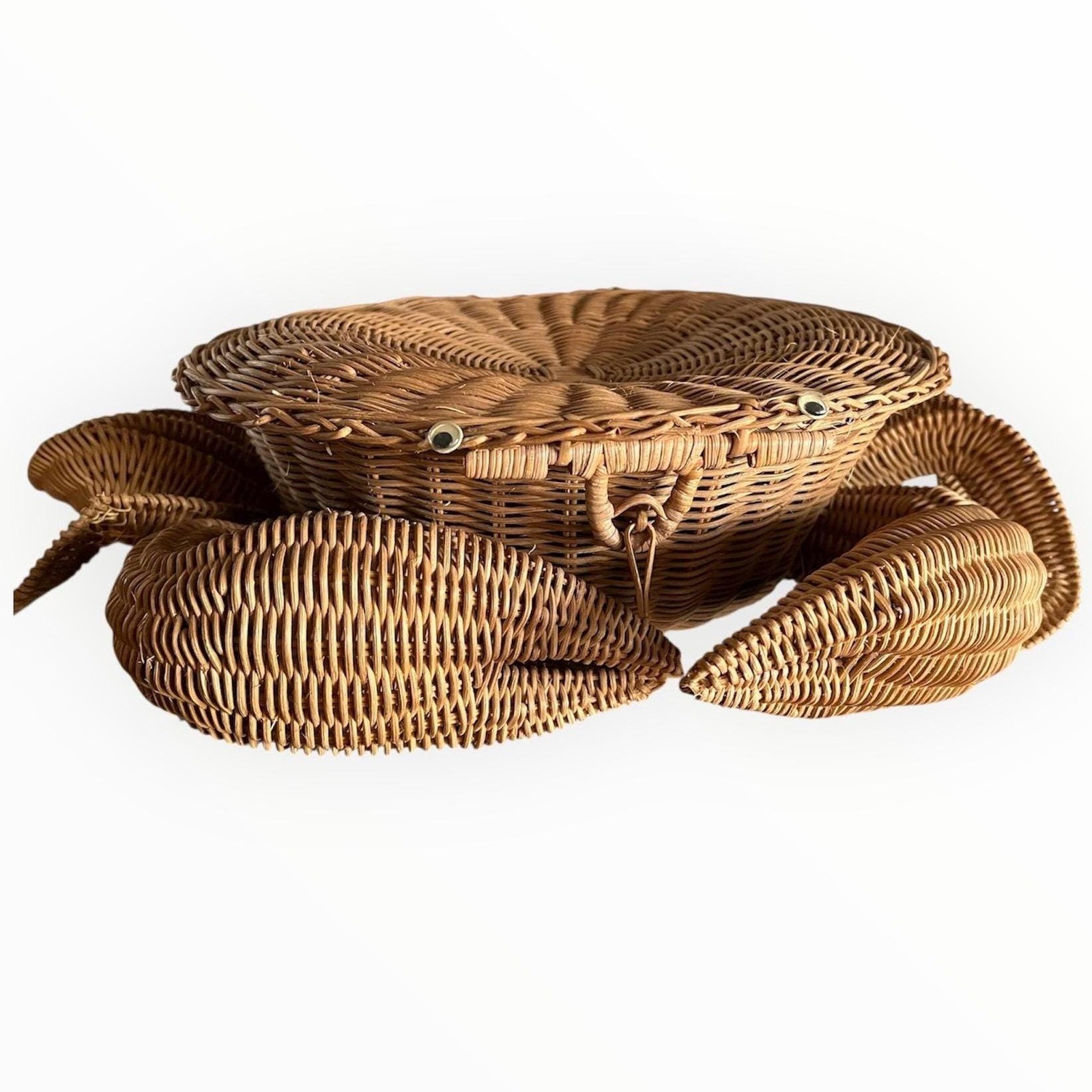 Vintage Hand Woven Wicker Rattan Crab Figural Basket Lock MCM