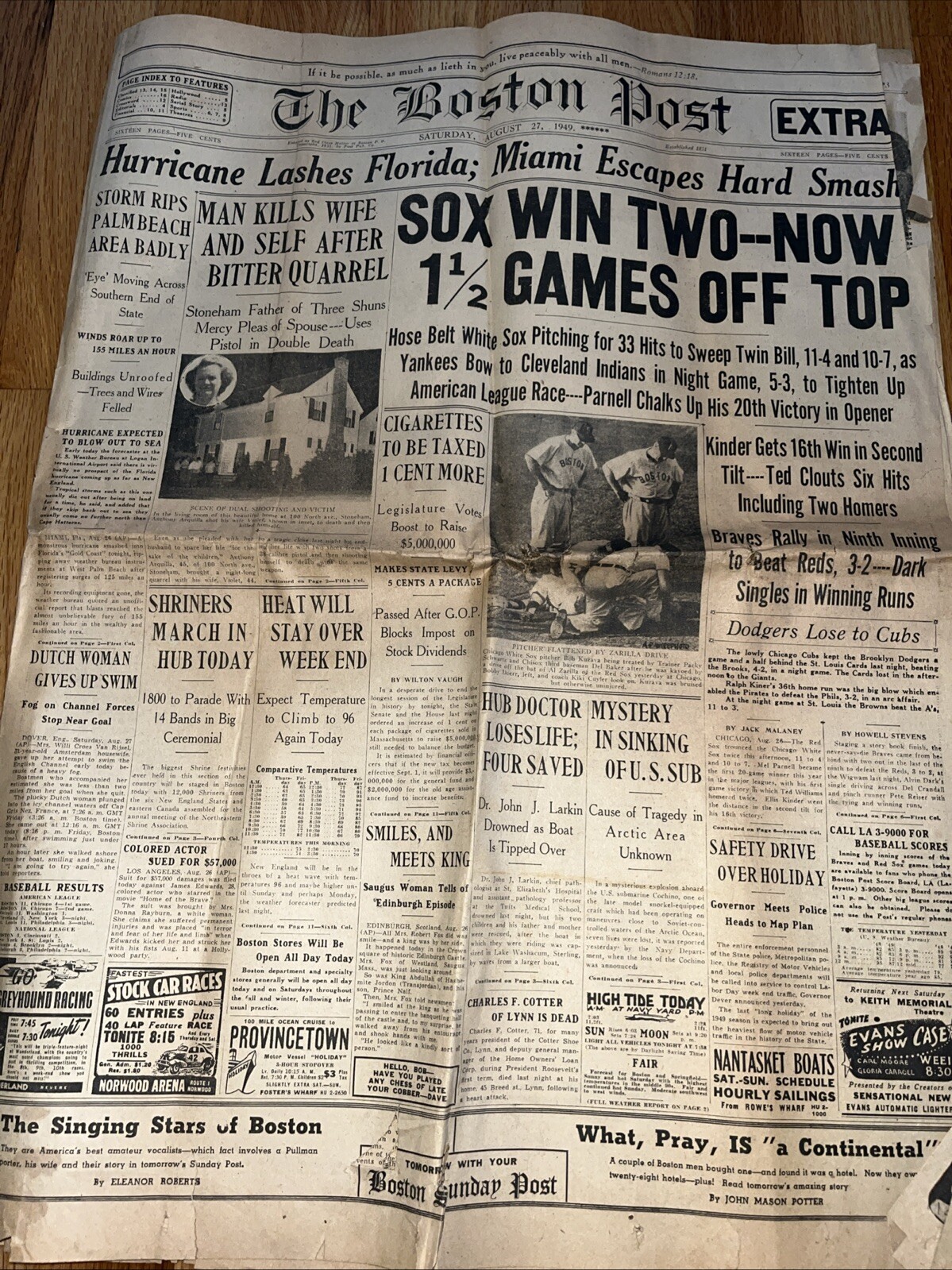 The Boston Post August 27 1949 Hurricane Red Sox Cochino Sub