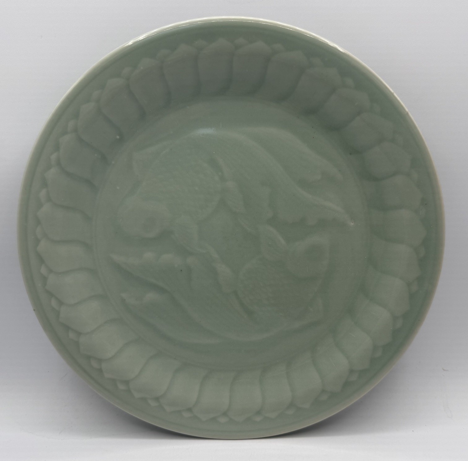 Vintage Chinese Celadon Koi Fish Dinner Plate 10