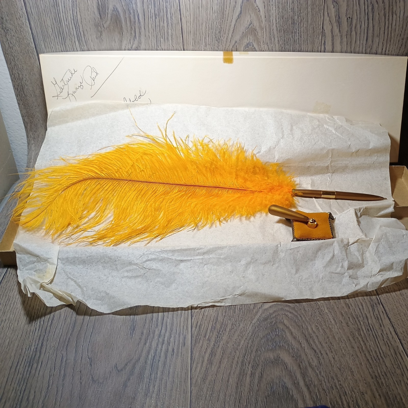 Vintage Golden Decoration or Wedding Plume Pen in Box 19 Inches Long Blue Ink