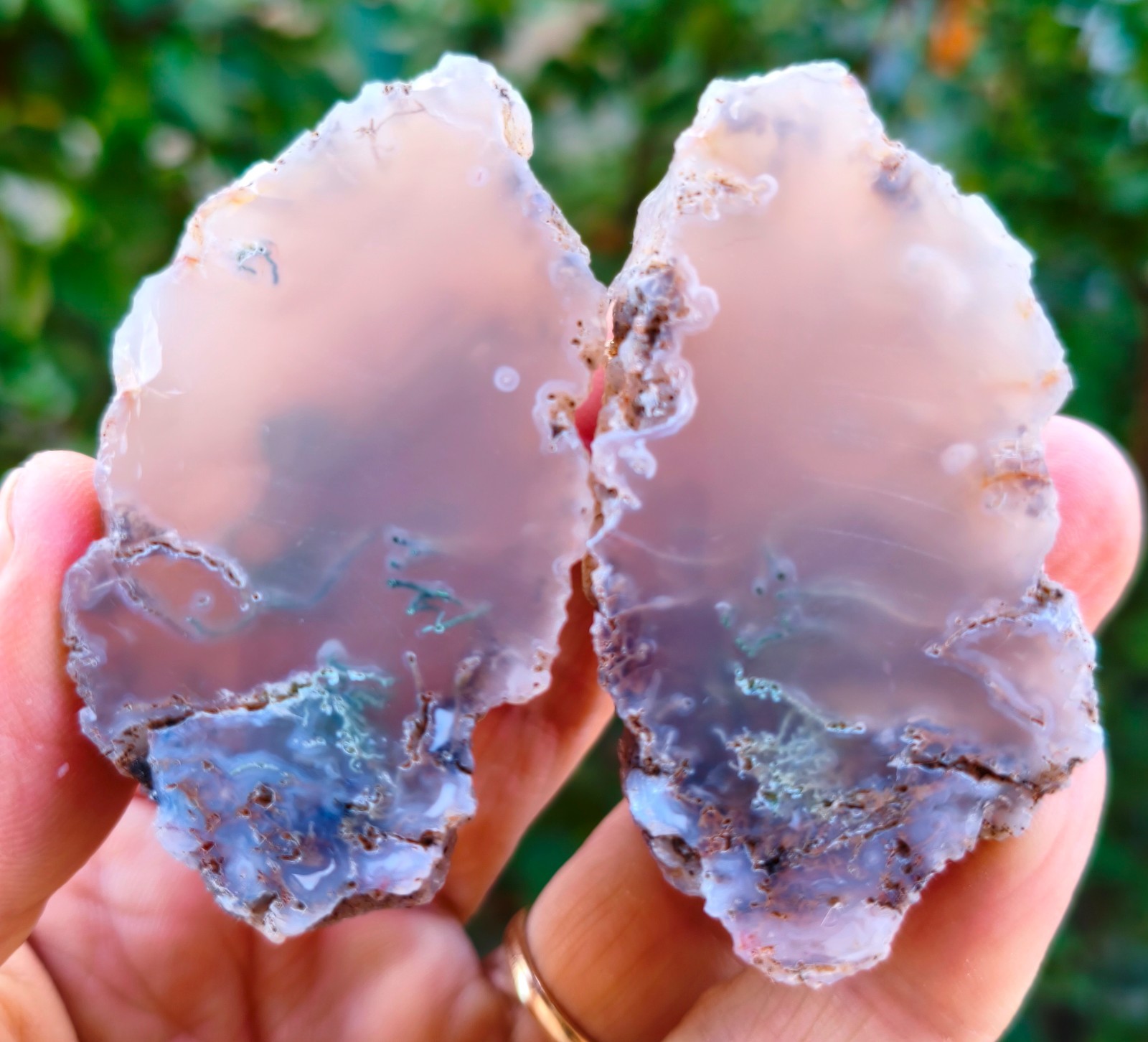 Mirror Polished Pink Moss Agate Pair Uv Reactive Mirror Polished Pink Moss Agate Pair Uv Reactive